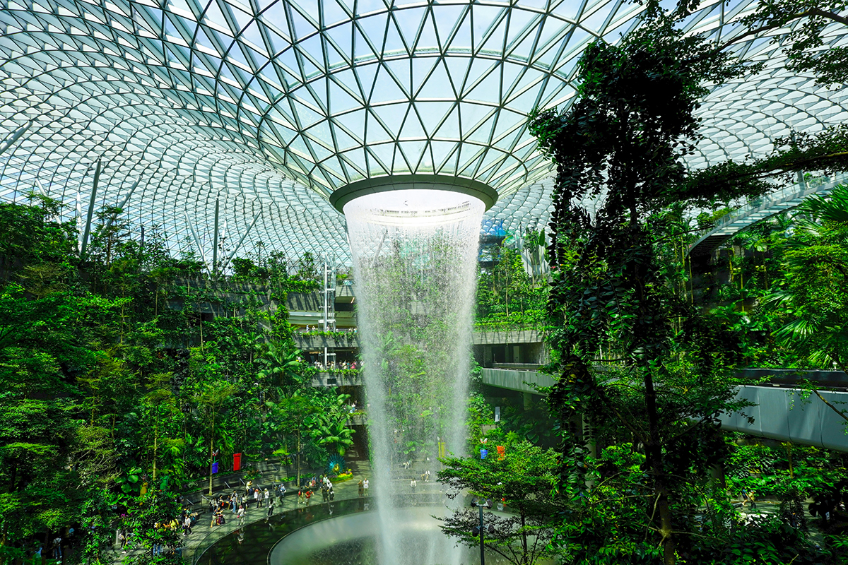 Changi Airport in Singapore, airport interiors, waterfall